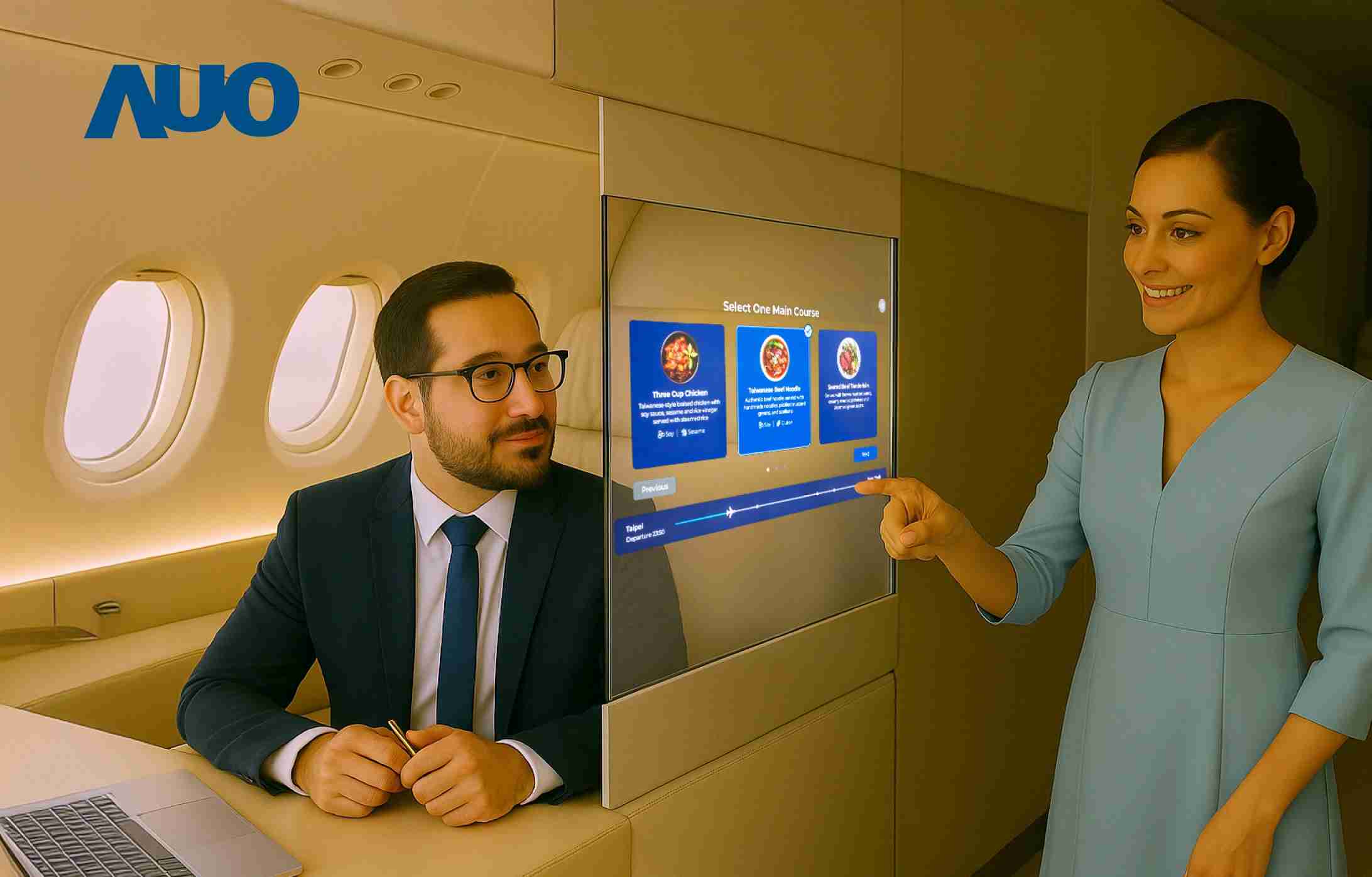 银河集团研发全球最薄17.3 吋双面透明 Micro LED 显示器，，，可在同一屏幕之双边投射不同信息，，，，创造独特的”透明化”互动；图为实时翻译交流应用情境